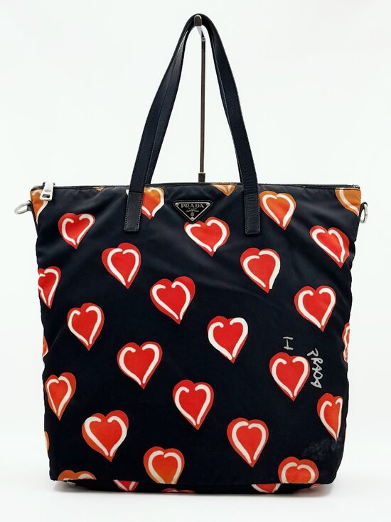 Prada Handbags - Prada Black Nylon Heart Print Tote Bag Red Orange Hearts Shoulder Bag